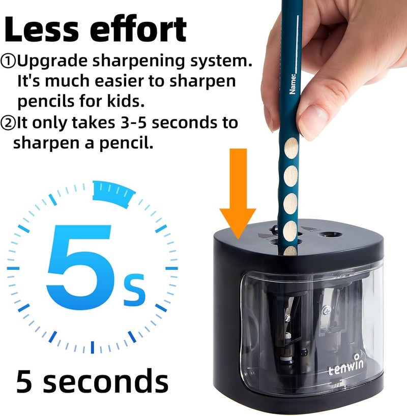 tenwin Electric Pencil Sharpener, Dual Hole Pencil Sharpeners Battery Powered, Small&Portable, Fit for 6-12mm No.2/Colored Pencils, Kids, School/Home (Black) - Image 3